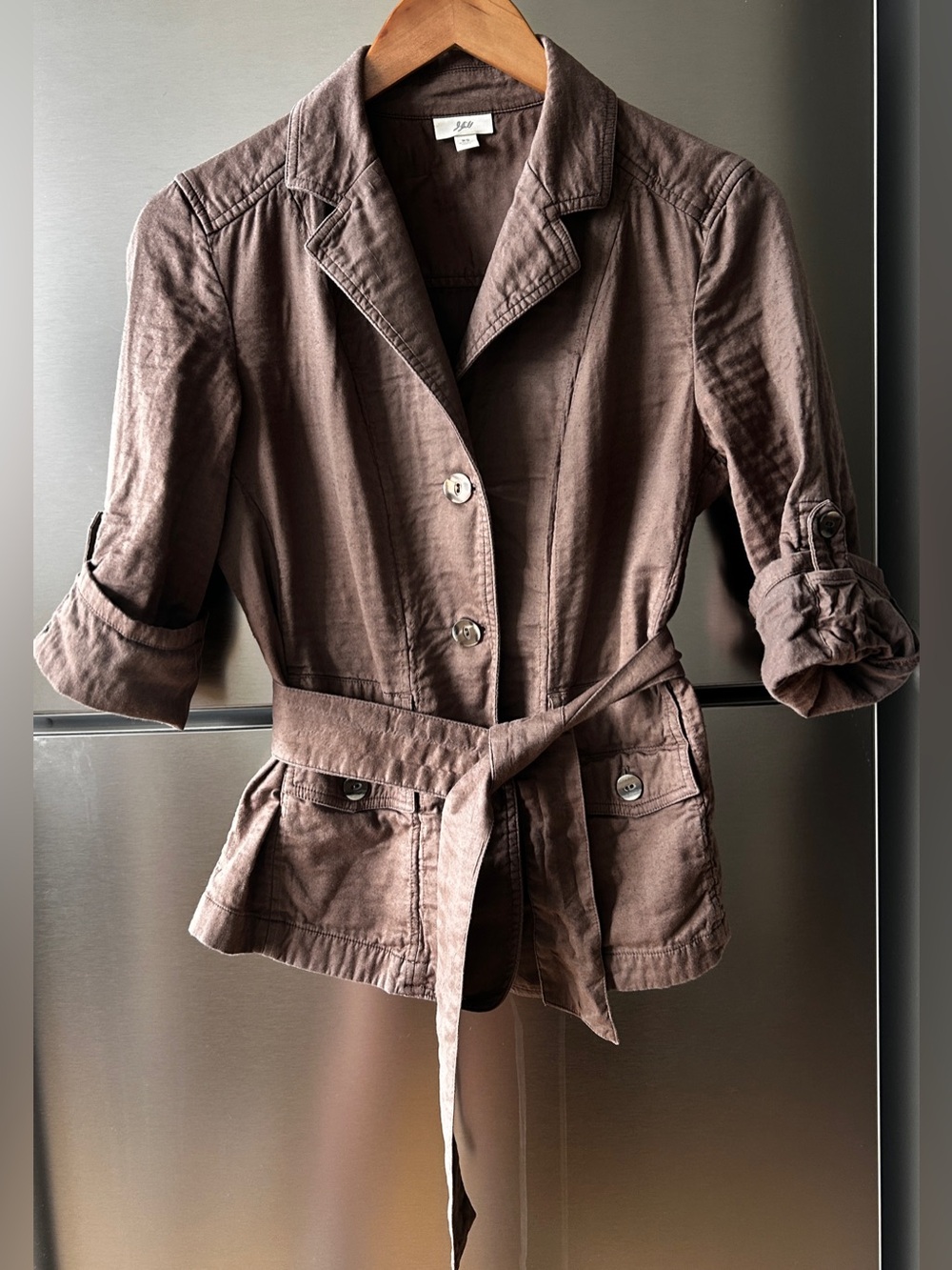 J.Jill XS Belted Safari Utility Jacket Brown Taupe Cotton Rayon